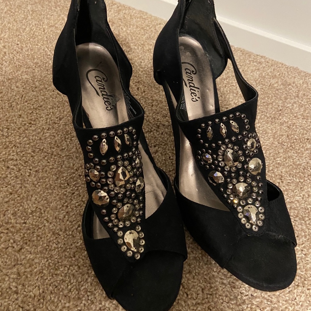 Candies Black Suede Jeweled Heels, Size 9.5